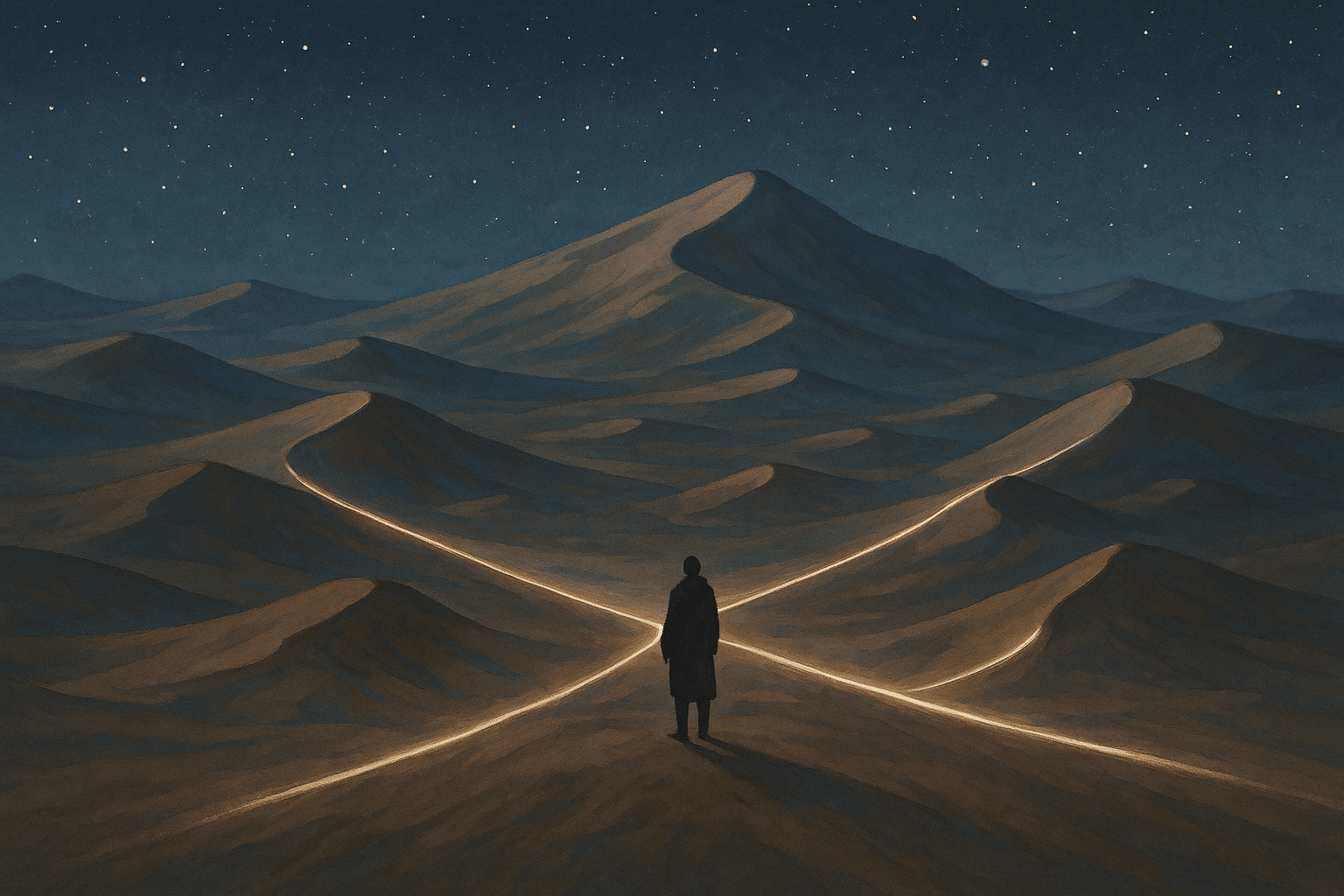 Image illustrant un carrefour existentiel dans un paysage désertique