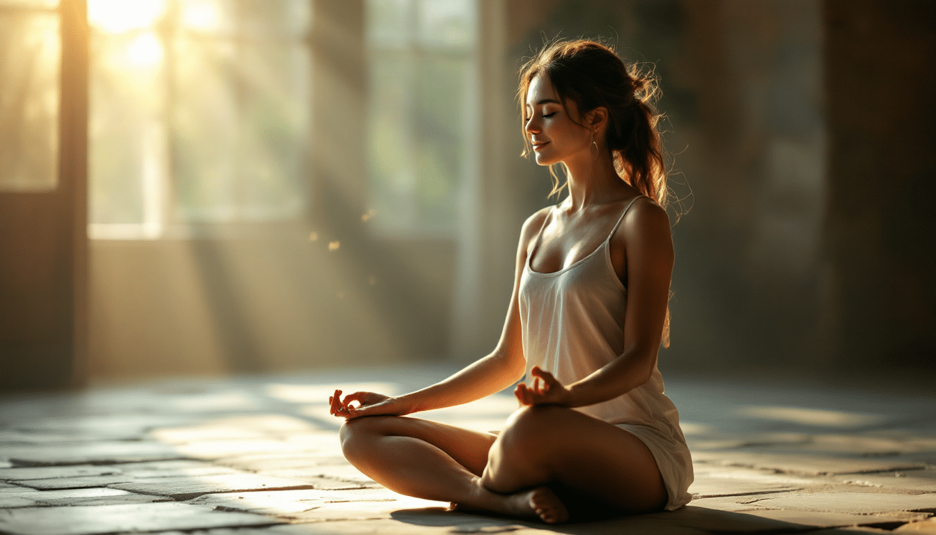 Personne méditant avec un paysage paisible en arrière-plan, mettant en valeur l'harmonie et la sérénité associées au chant vibratoire.