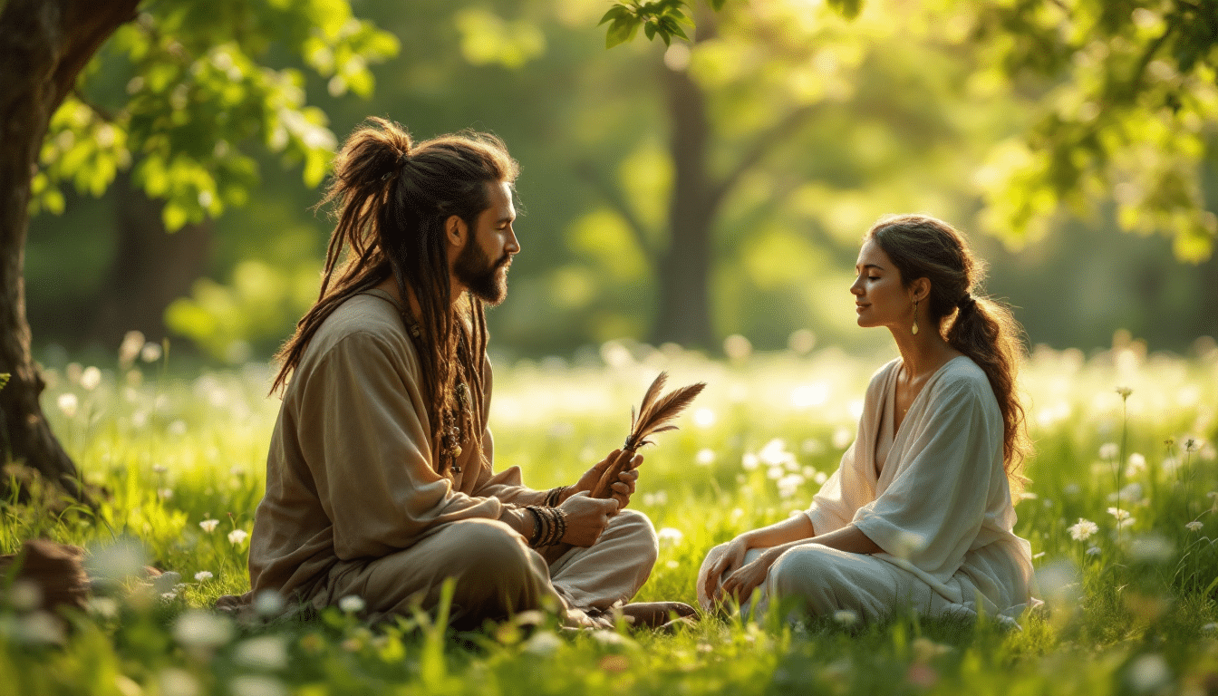 Méditation chamanique en pleine nature avec lumière du soleil