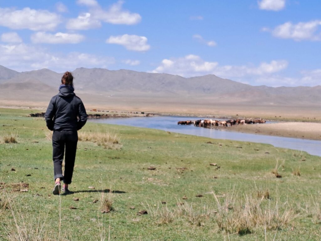 Une Femme marche seule dans les pleines de Mongolie